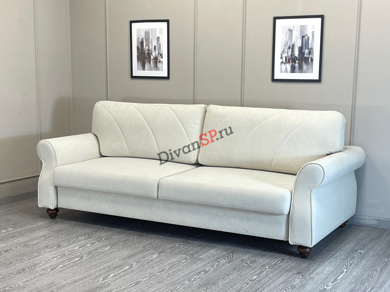 Divan-na-nozhkax-bely'j-Laczio-1-4 Белый велюровый диван Лацио